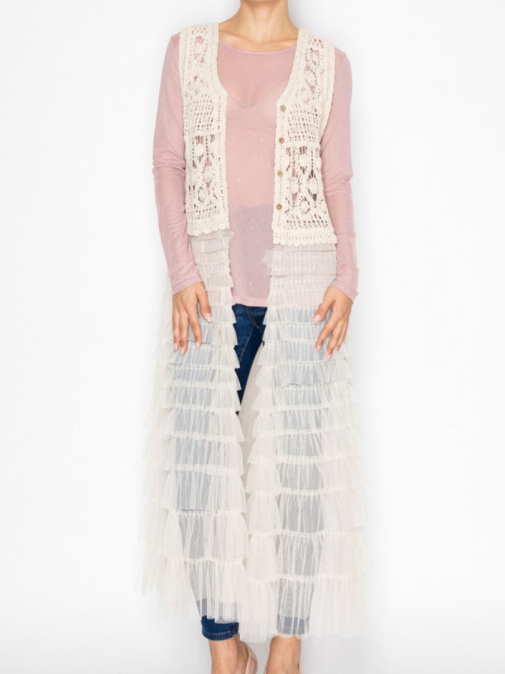 ORIGAMI DESIGNER NATURAL lace crochet MESH VEST SM-XL boho western shabby chic